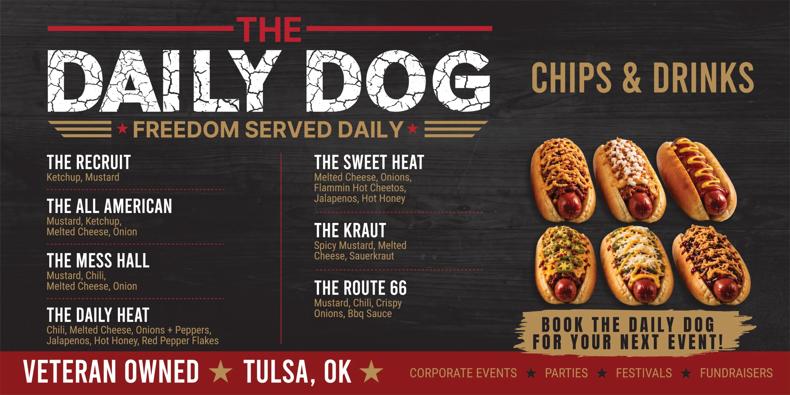 The Daily Dog menu with specialty hot dogs, chips, and drinks