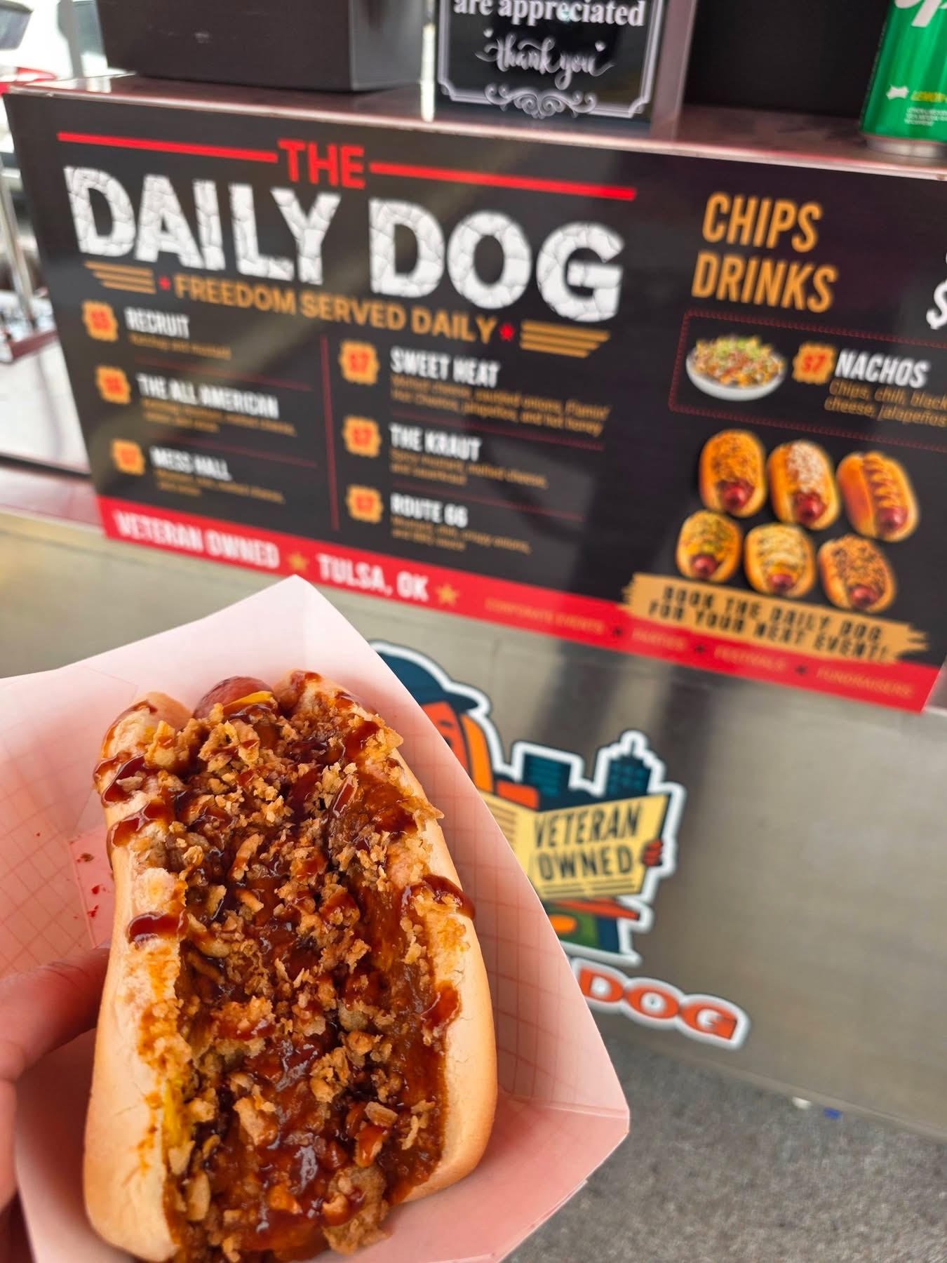Route 66 hot dog served at The Daily Dog cart